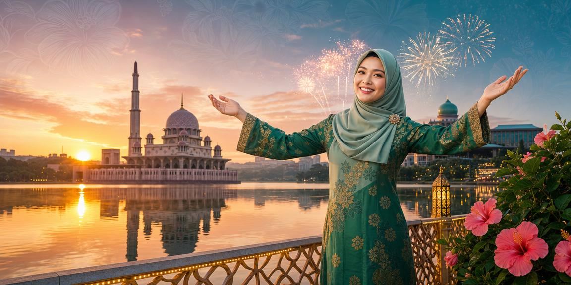 Suasana pertaruhan Hari Raya di Putrajaya dengan latar belakang mewah Malaysia